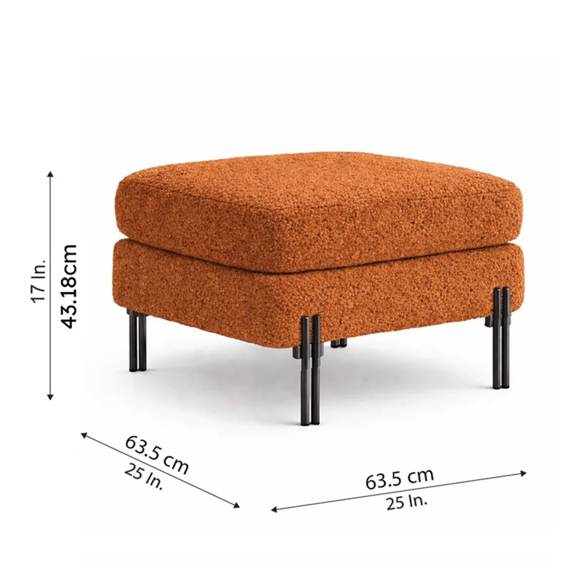 Rust bouclé ottoman shown from an angle with dimension arrows