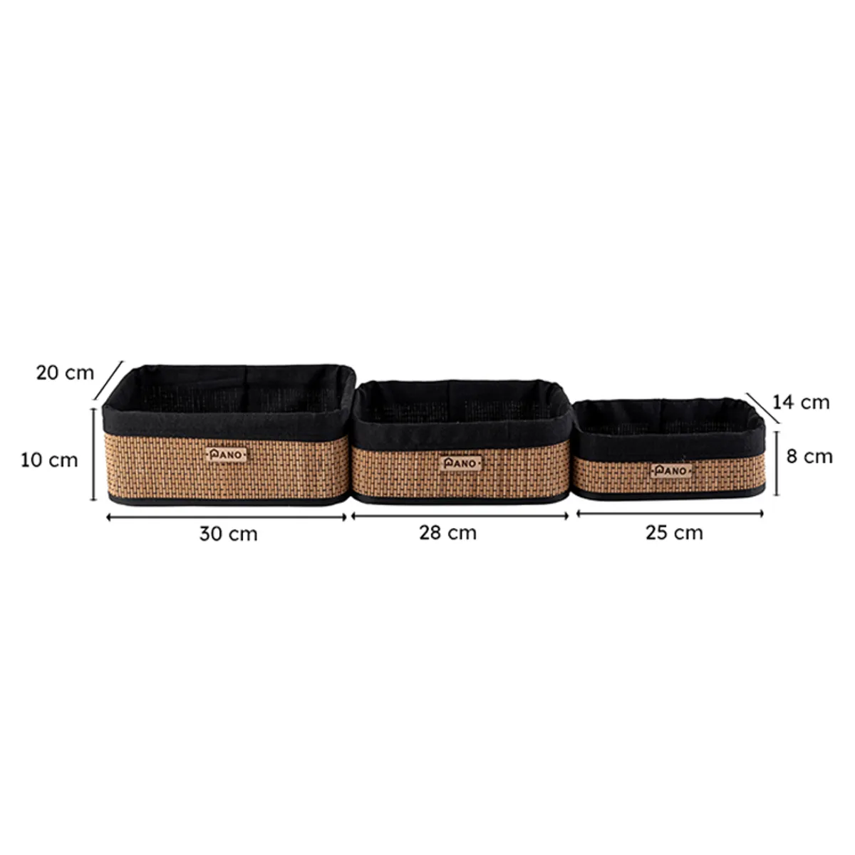 Three black and natural woven storage baskets shown side by side