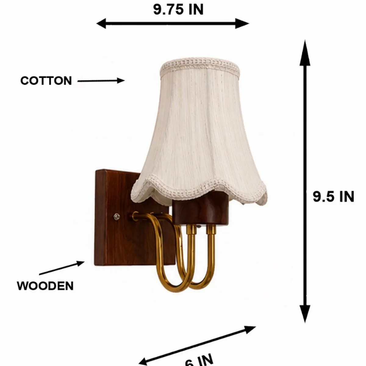 White cotton wall lamp with visible wood backplate and gold metal frame