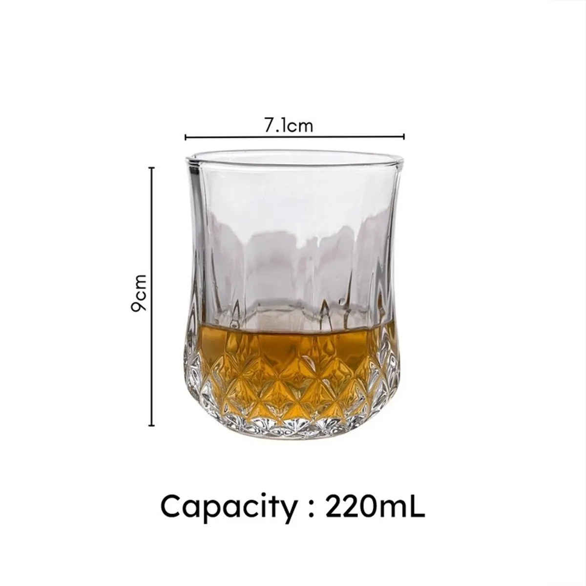 Clear textured glass with amber drink shown with measurement markings