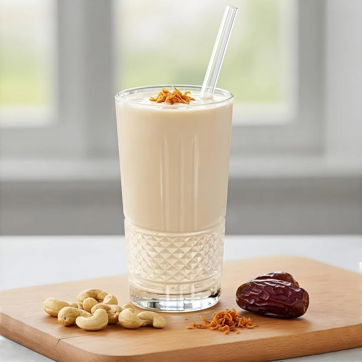 Transparent textured drinking glass filled with a creamy beverage on a wooden board.