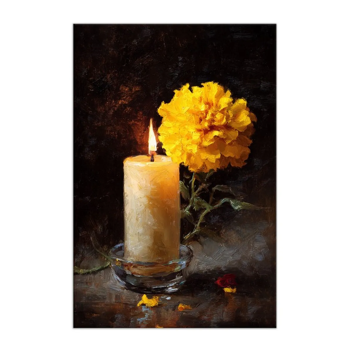 Rectangular canvas wall painting with a candle and yellow marigold still-life artwork