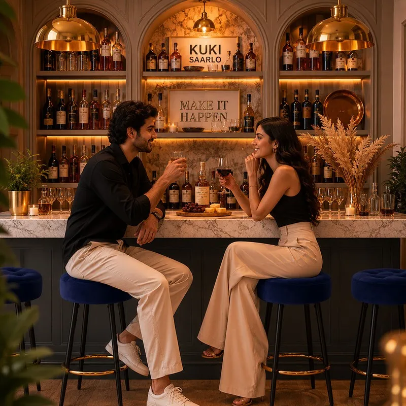 Two blue bar stools placed at a bar counter in a warmly lit setting