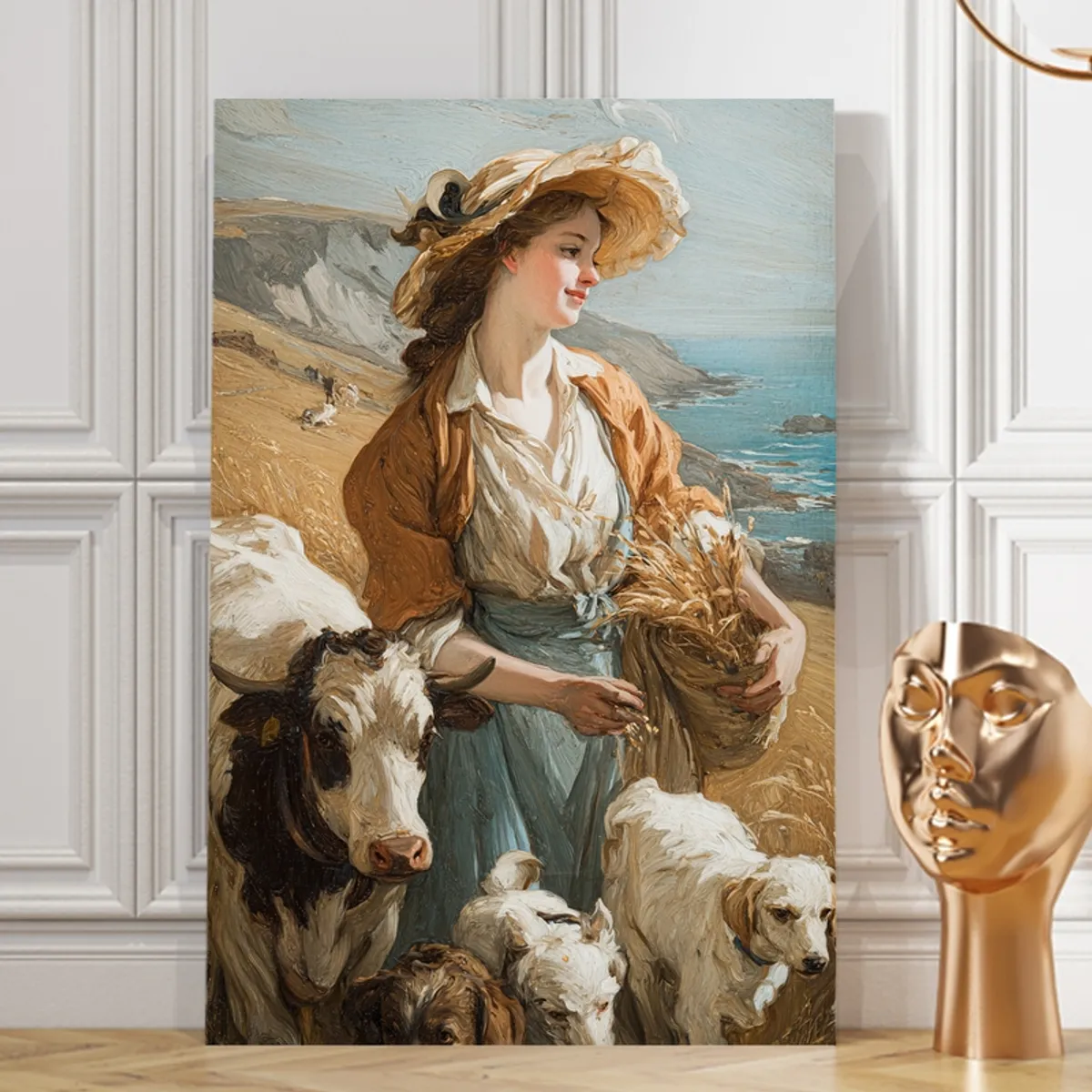 Gallery-wrapped coastal shepherdess painting with soft blue and earthy tones