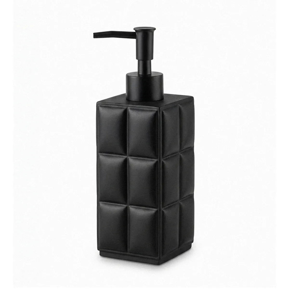 Matte black rectangular soap dispenser with pump on a plain background