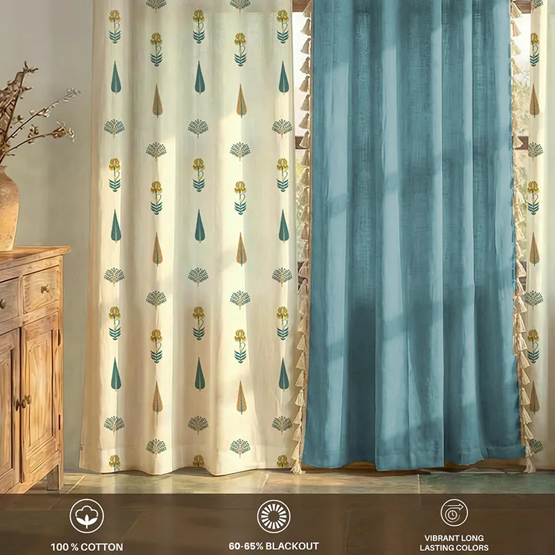 Close view of blue and white curtain set with floral printed side panels