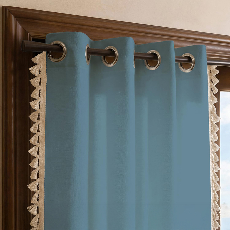 Dusty Aura Tasseled Cotton Curtain - Blue - Door - 8 Feet