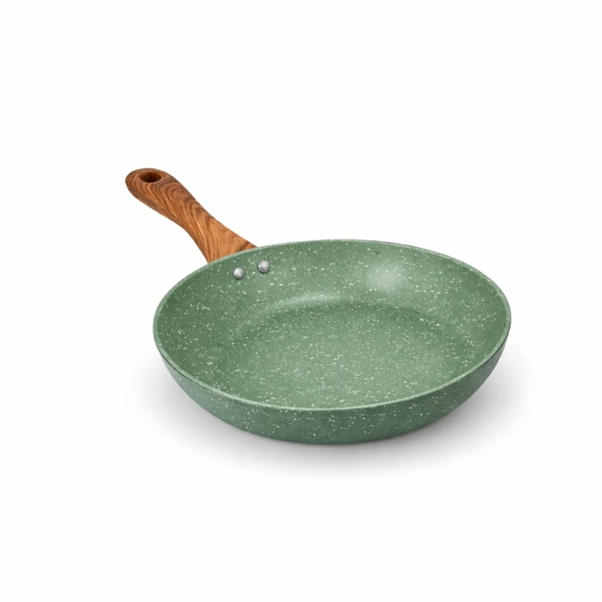 Moss green speckled frying pan with a single wooden-look handle on white background