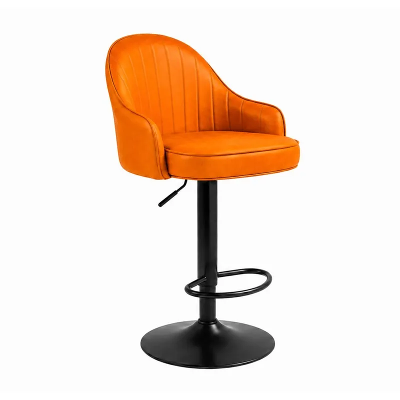 Angled view of orange upholstered bar chair with black pedestal base