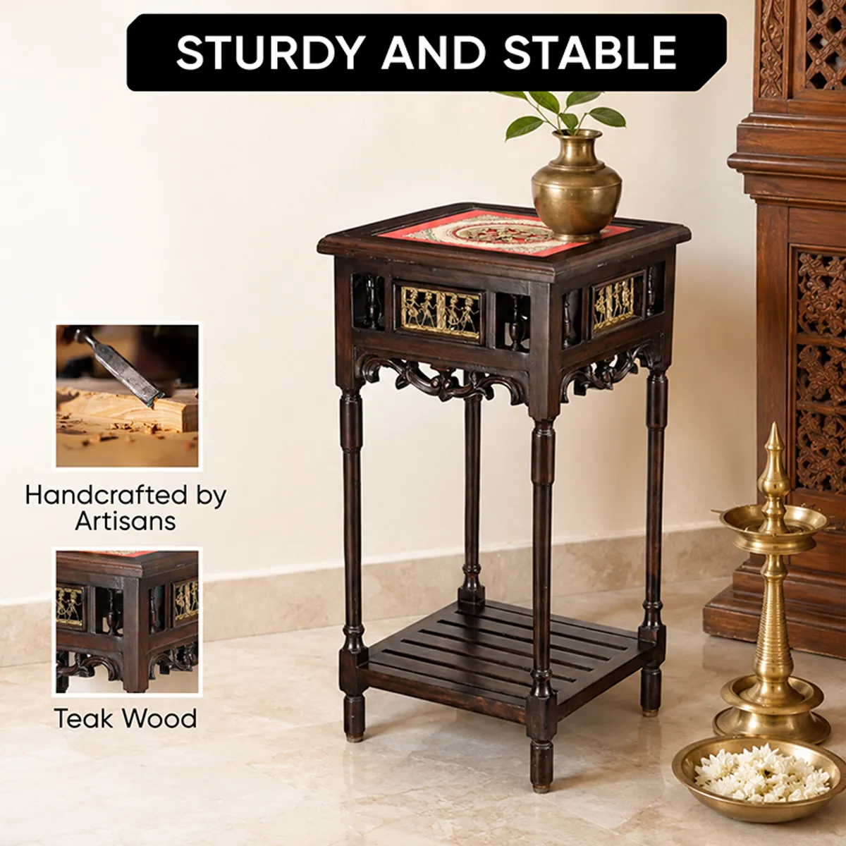 Dark wooden side table with decorative side panels