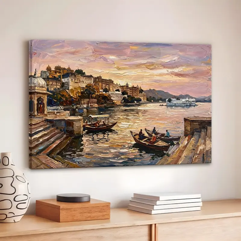 Scenic Lakefront City Boat Ride Canvas Wall Painting