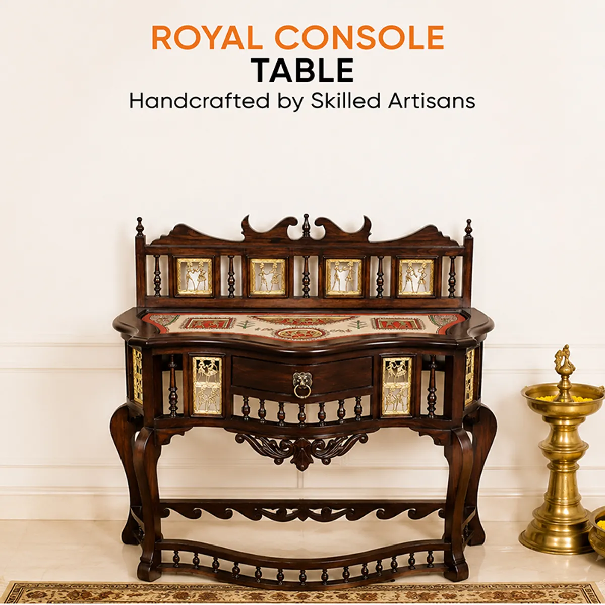 Royal teak wood console table with carved details in a styled interior
