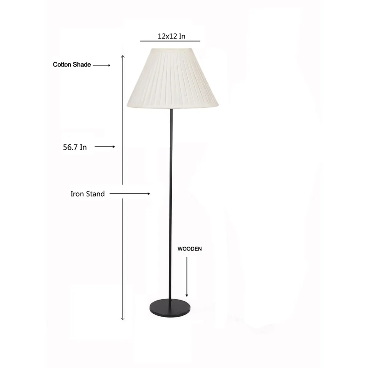 Pleated floor lamp isolated on white in a dimension-style product graphic