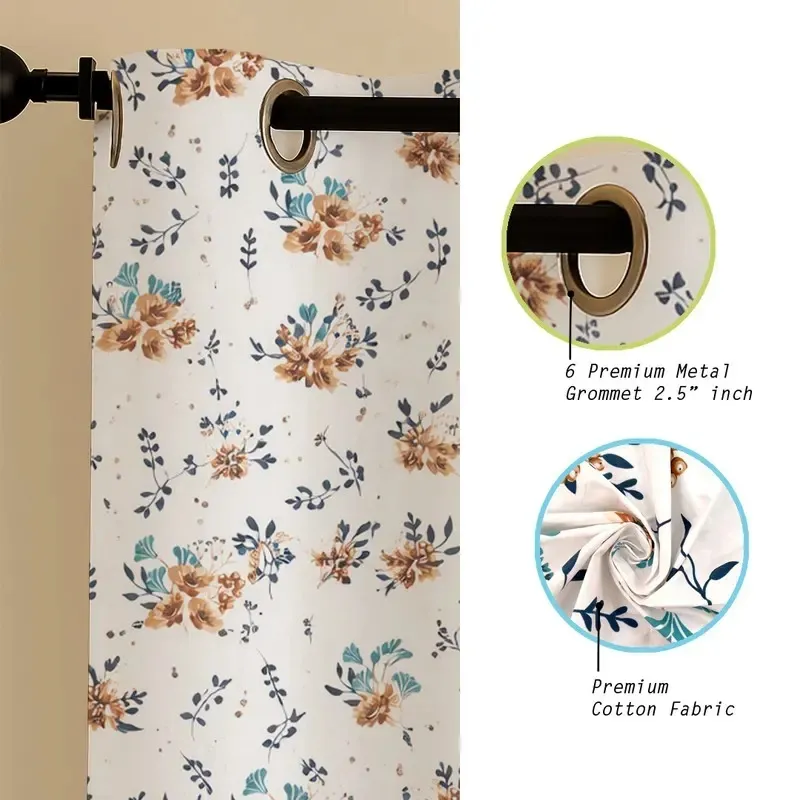 Floral curtain panel with eyelet top shown in close detail