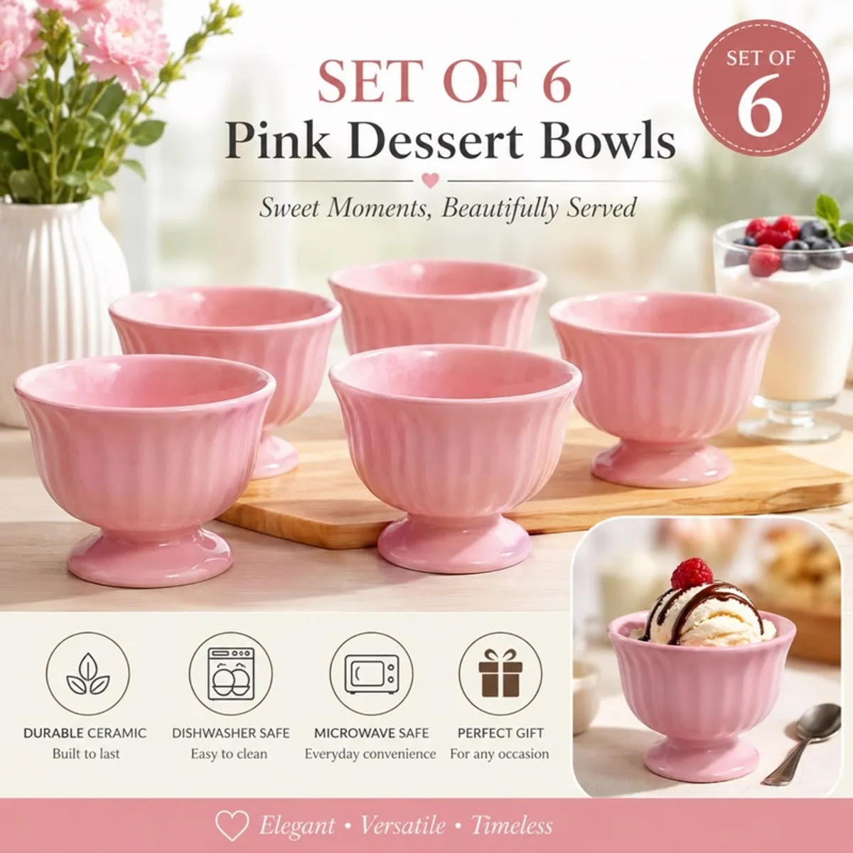 Six pink dessert cups displayed on a wooden board with pudding and berries