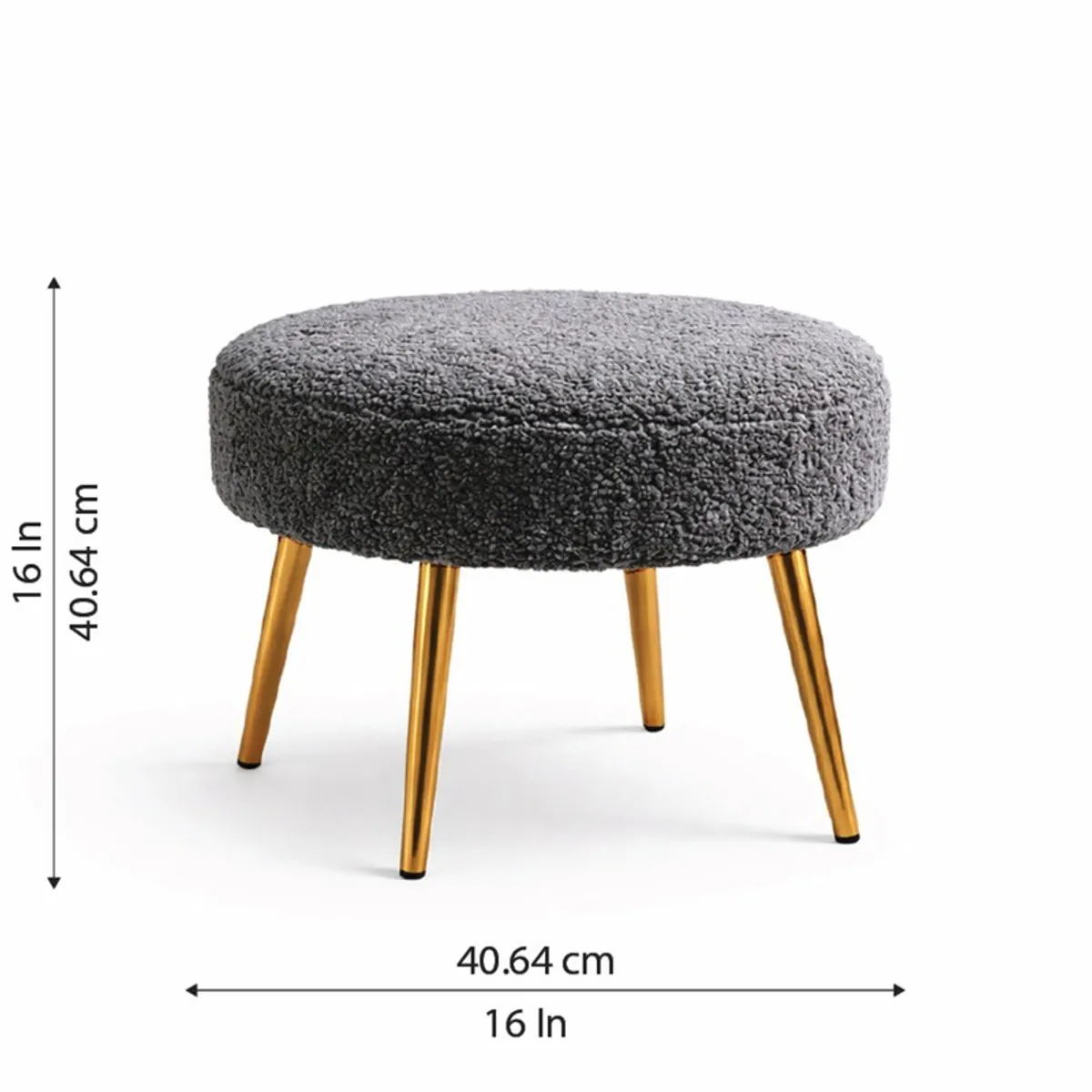 Dark grey round stool with gold legs shown with 16-inch measurements