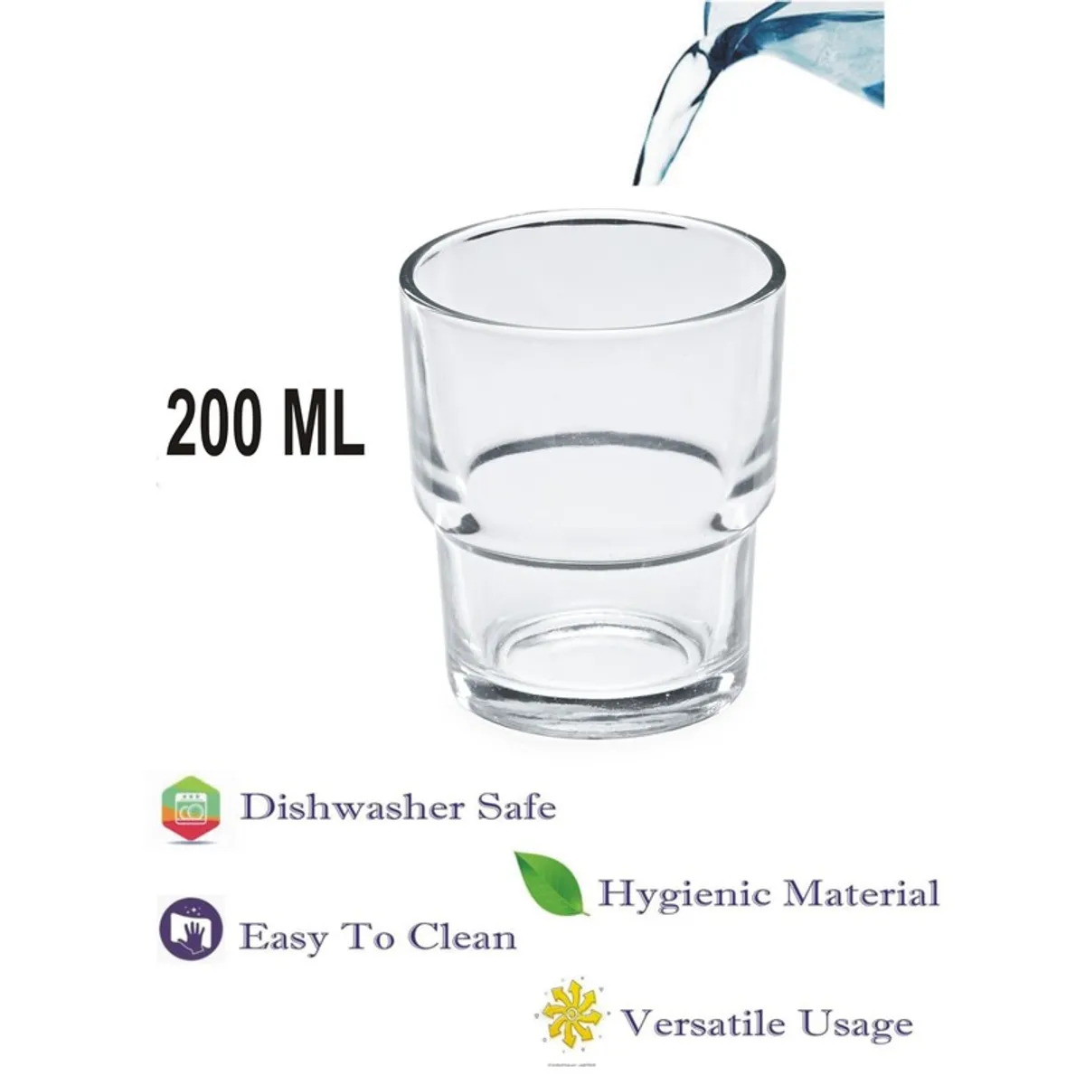 Clear glass tumbler shown while being filled on a white background