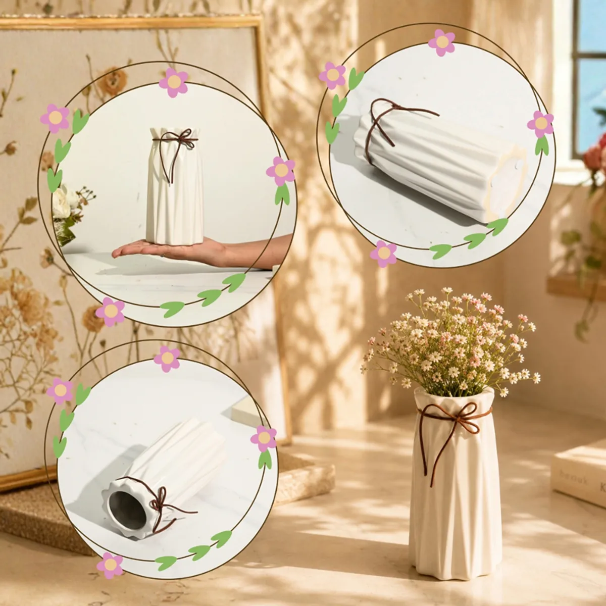 White pleated vase shown upright and from different angles in a decorative collage