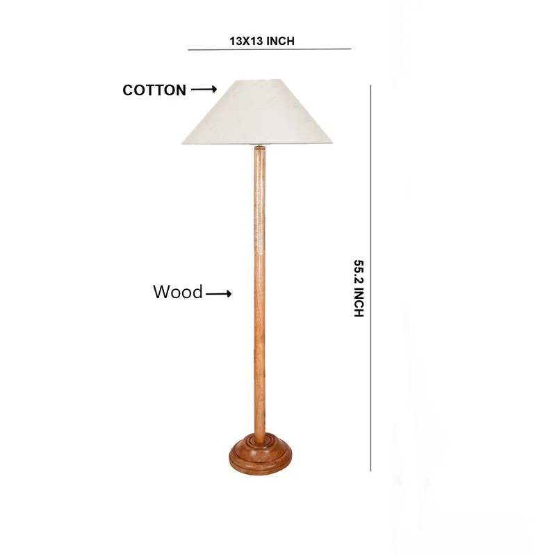 Isolated wooden floor lamp with an off-white cone shade on a white background with guide lines.