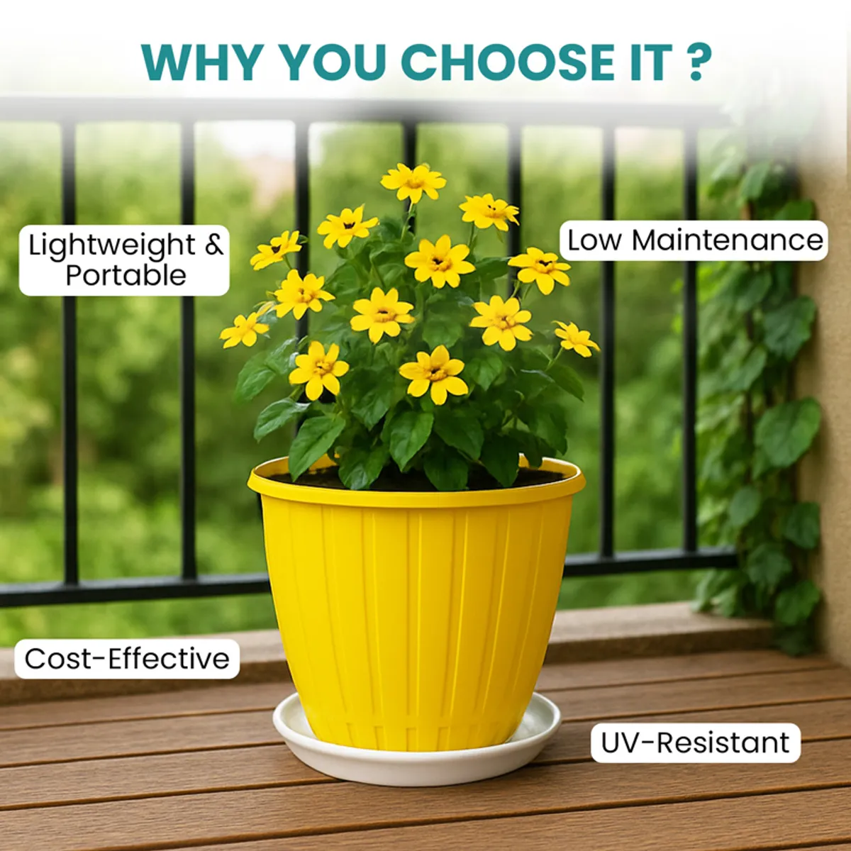 Yellow planter with a flowering plant on a balcony
