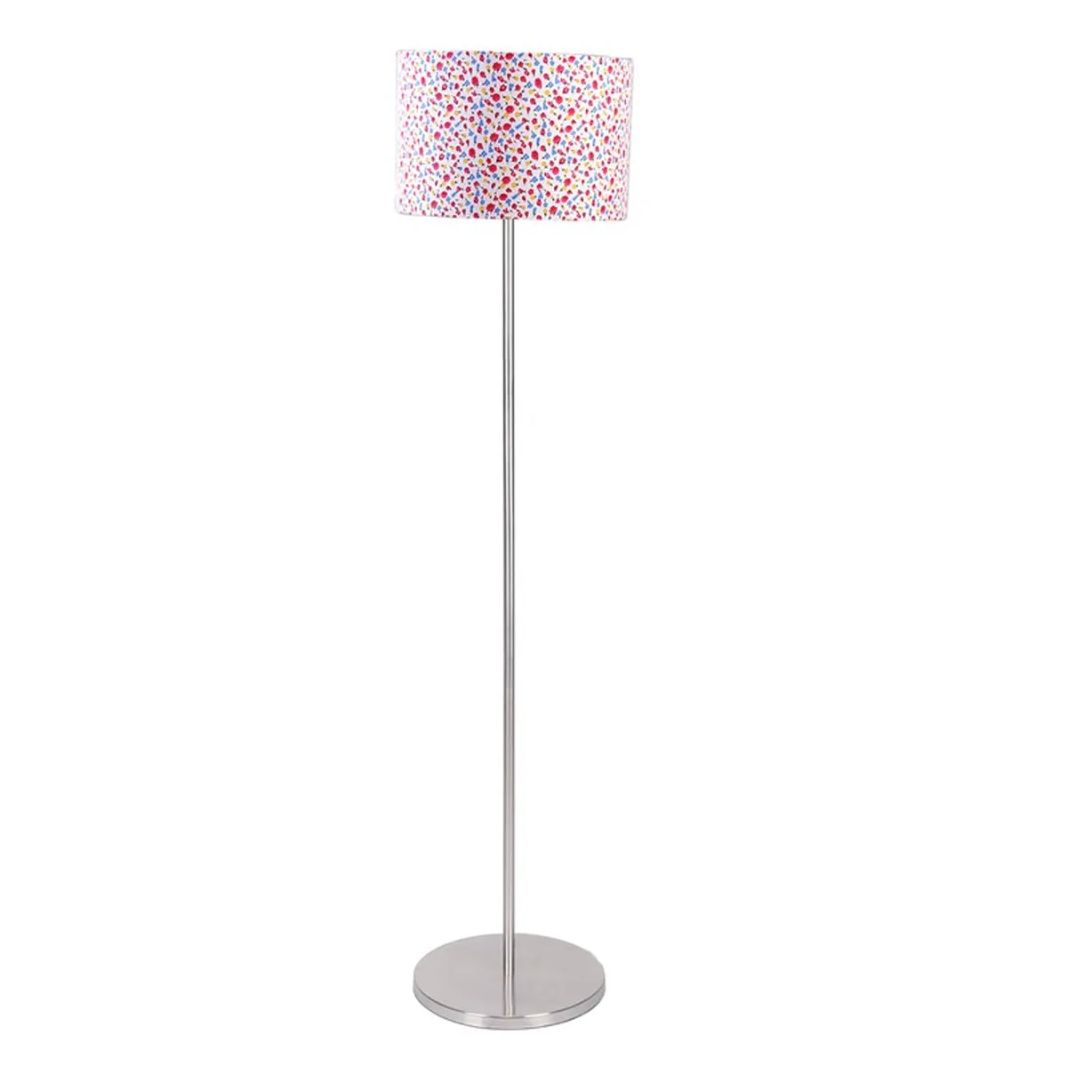 Studio view of a multicolour drum-shade floor lamp with steel base on white background