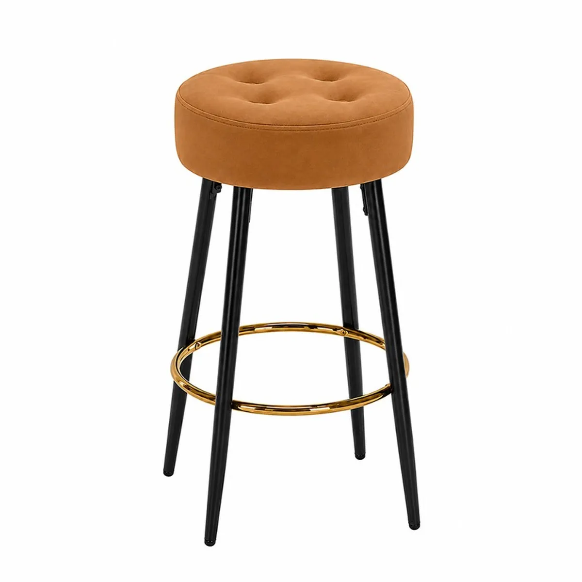 Standalone brown round bar stool with black legs and circular gold footrest