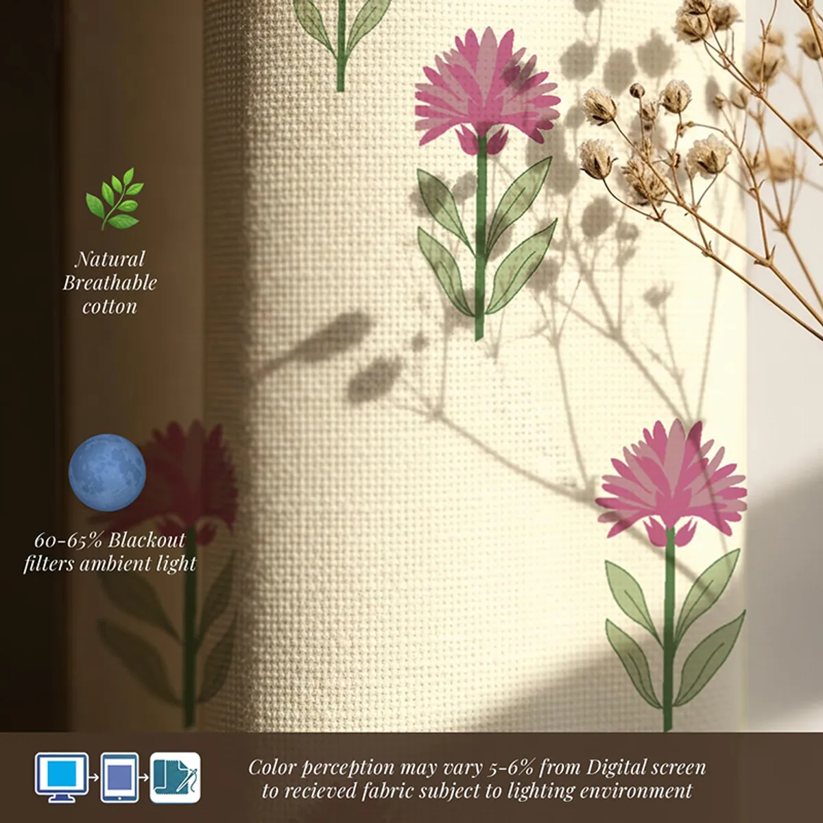 Close-up of pink floral print on textured ivory cotton curtain fabric.