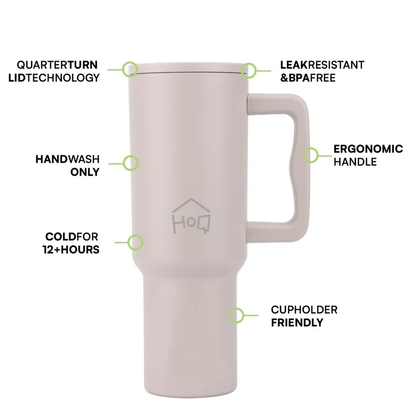 Oat beige tumbler with handle shown in a feature graphic