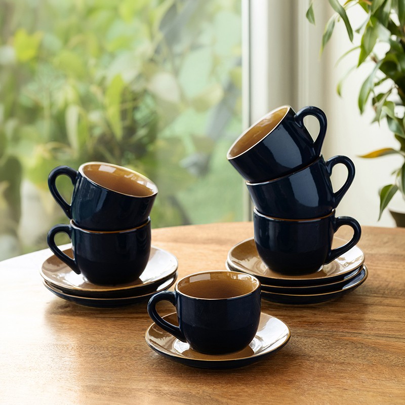 Mariana Blues Ceramic Cup & Saucer (180 mL Each) - Set of Six