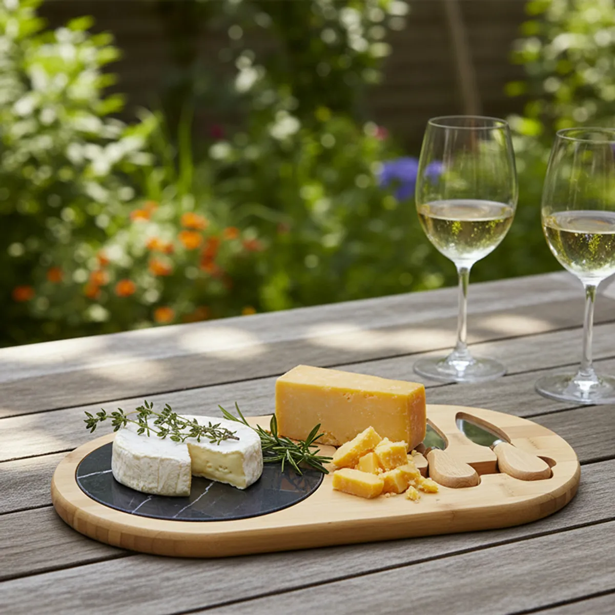 Wooden cheese platter with cheeses, herbs, wine glasses and cheese tools outdoors