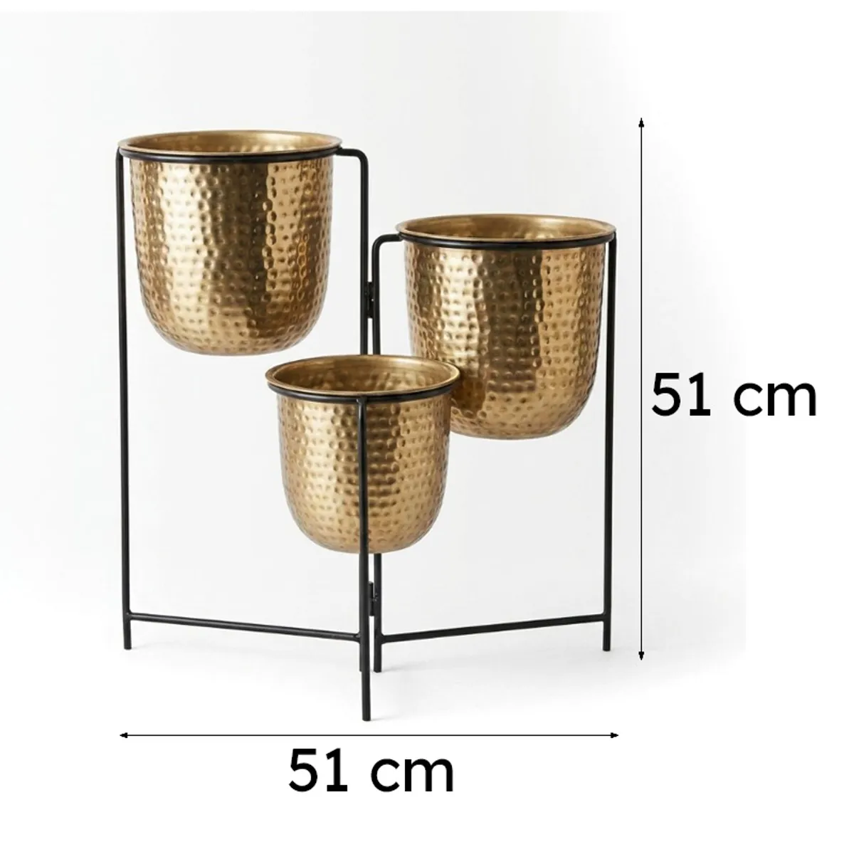 Front view of gold hammered nested planters in a black metal stand