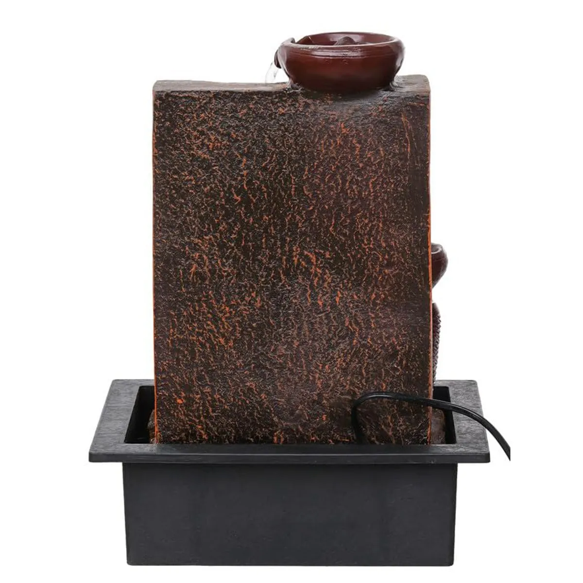 Rear view of the tabletop fountain showing textured back and power cord