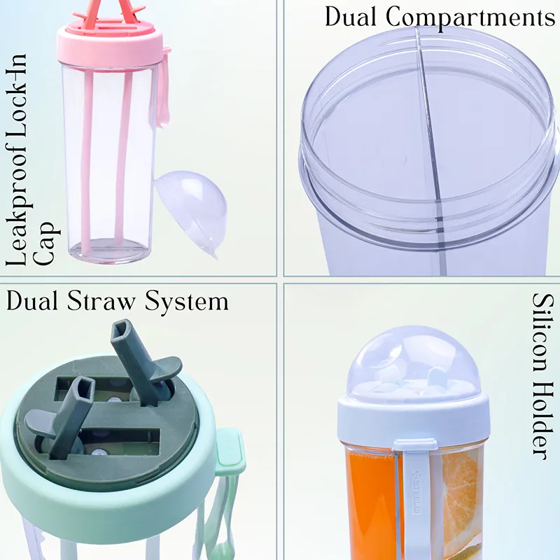 Water bottle detail showing leakproof cap, dual compartments, straws and silicone holder