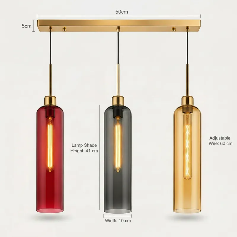 Front view of a three-light pendant lamp with tubular shades and gold plate