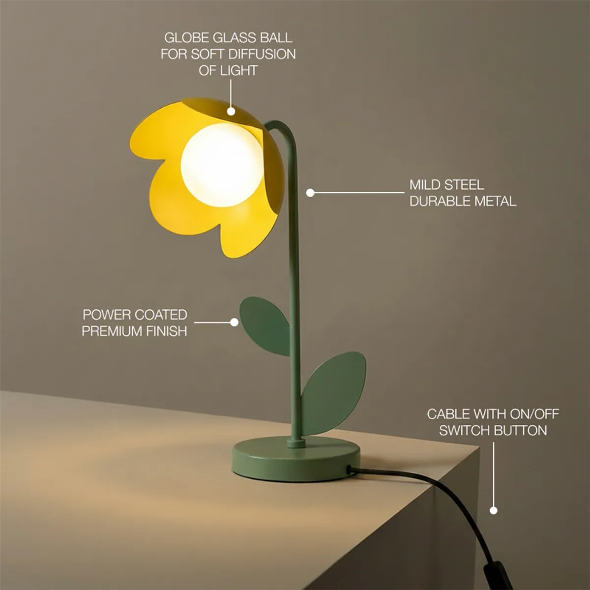 Flower table lamp shown with callouts for its materials and cable switch