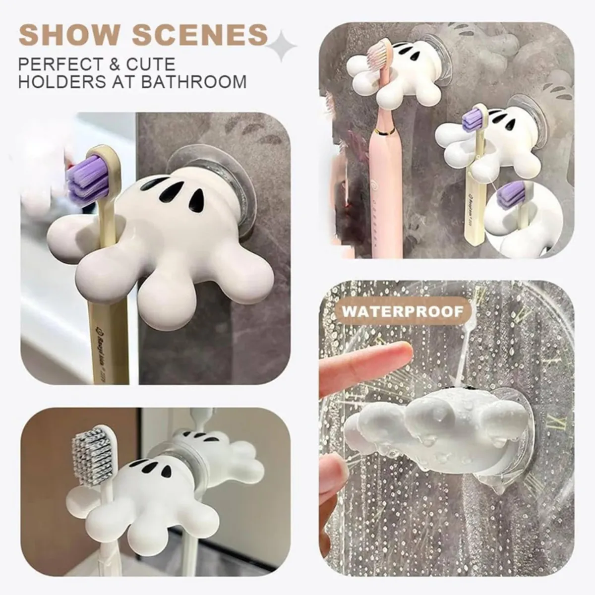 Collage showing white wall hooks used for holding toothbrushes in a bathroom