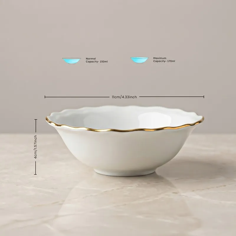 White porcelain bowl with a gold rim shown in close-up