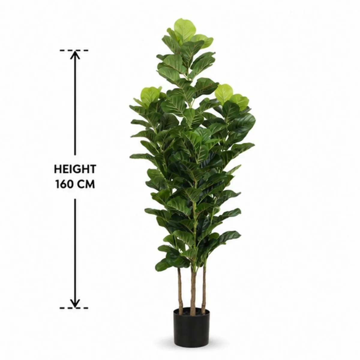 Full artificial fiddle leaf fig plant in a black pot against a white background