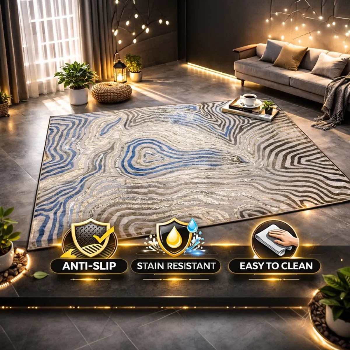 Abstract off white and blue carpet styled in a moody living room setting