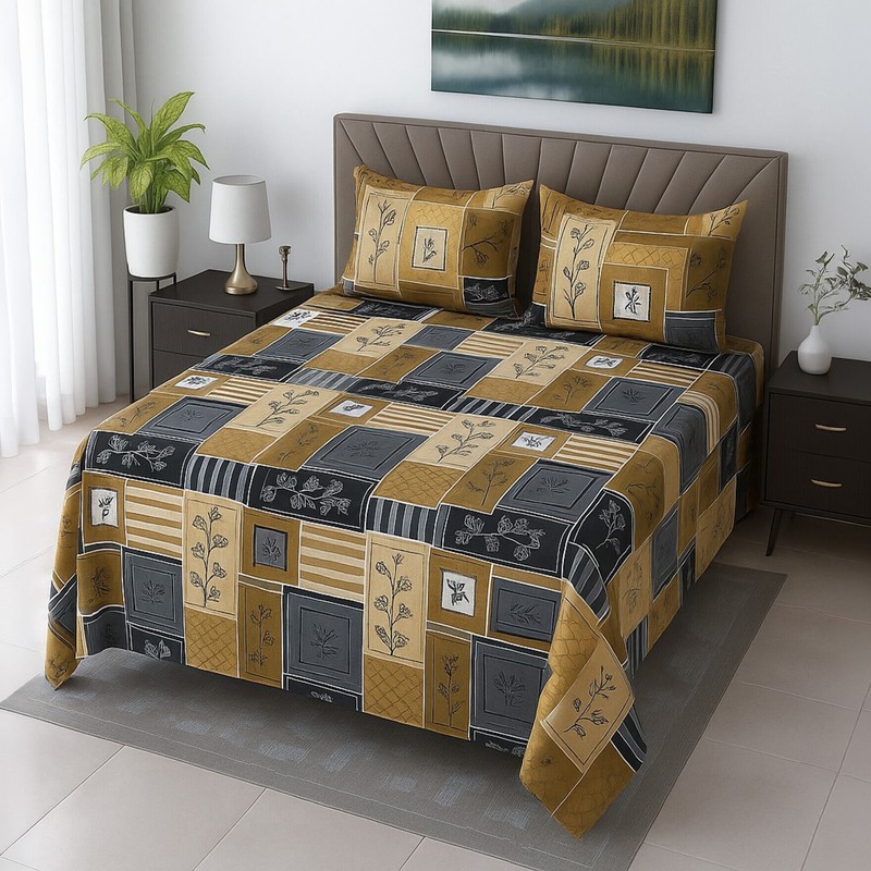 Contemporary Lines Cotton Bedsheet (Brown,Navy) - 400 TC - King