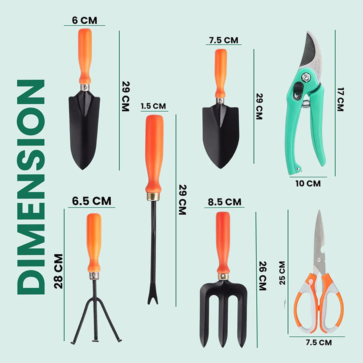 Dimension chart showing assorted tools from the garden tool set