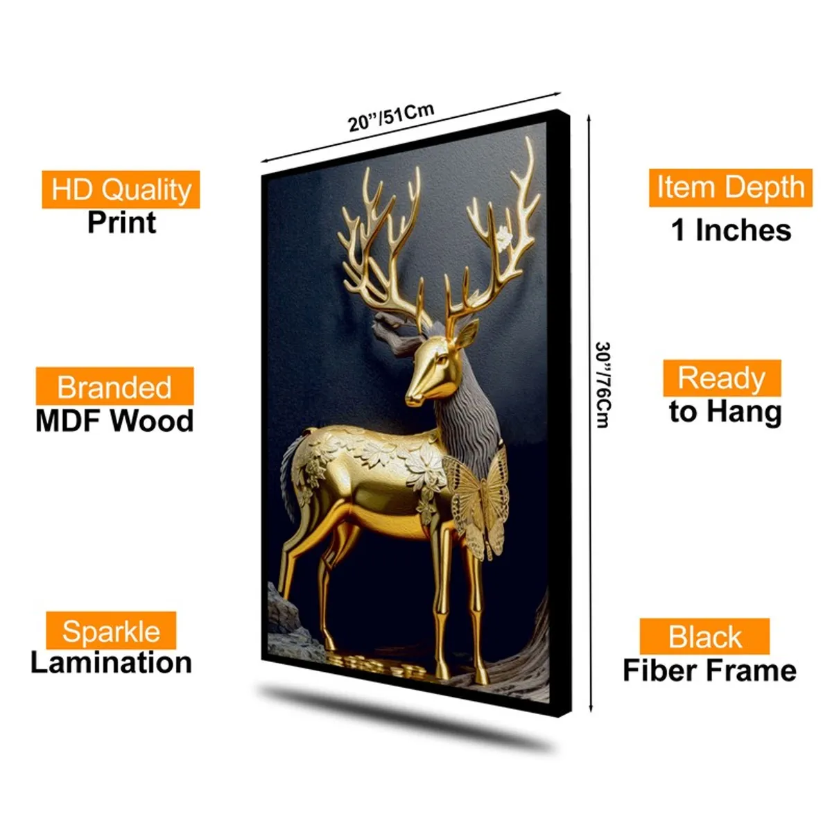 Golden stag wall art with black frame and annotated dimensions