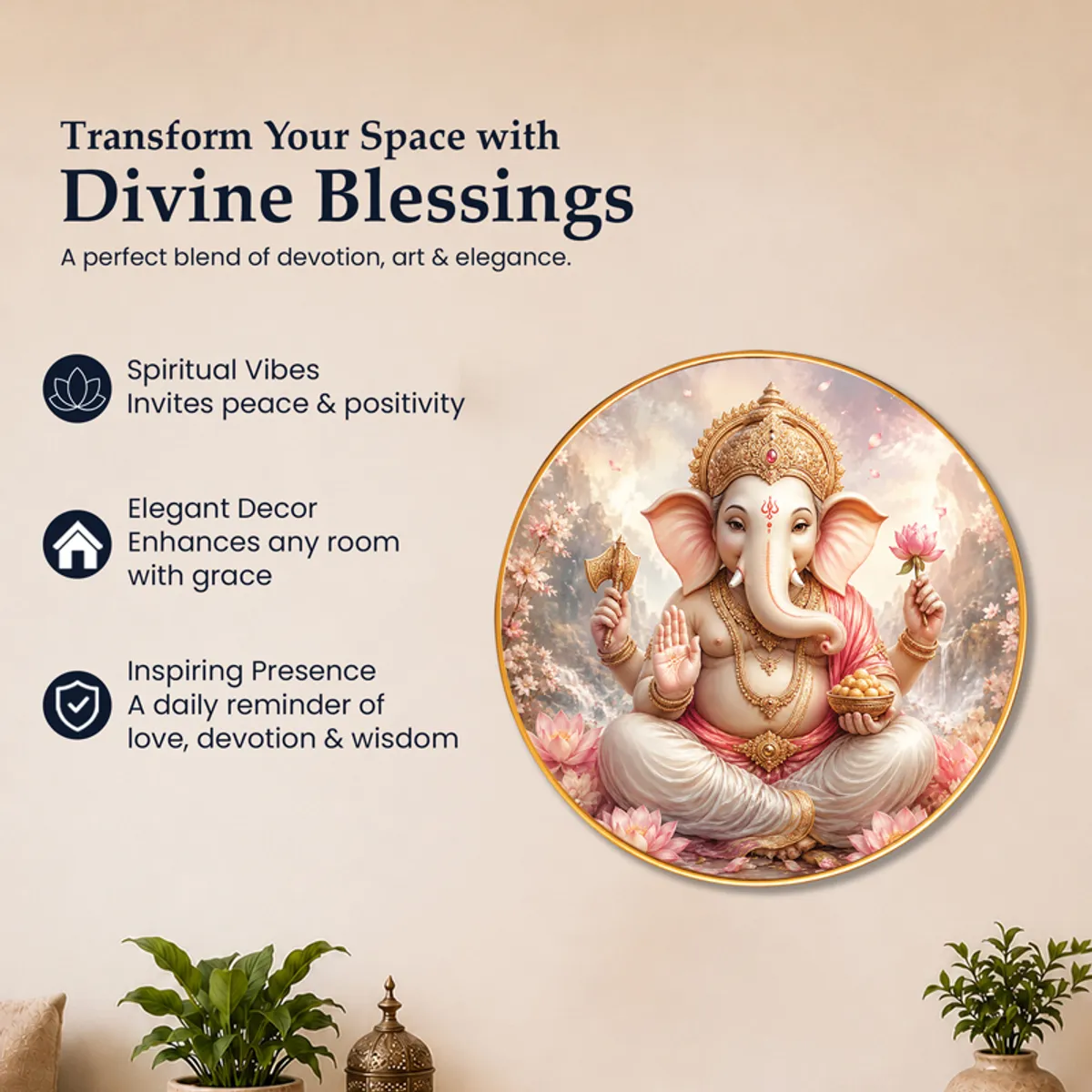Promotional graphic showing round Ganesha wall art with text highlights