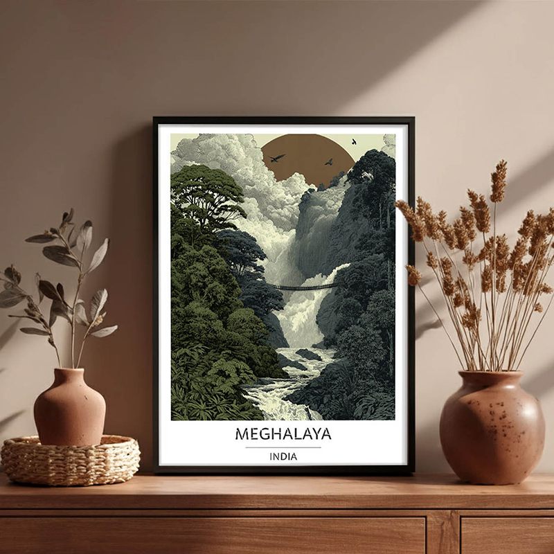 Whispering Cascades of Meghalaya Wall Art With Black Frame - Small
