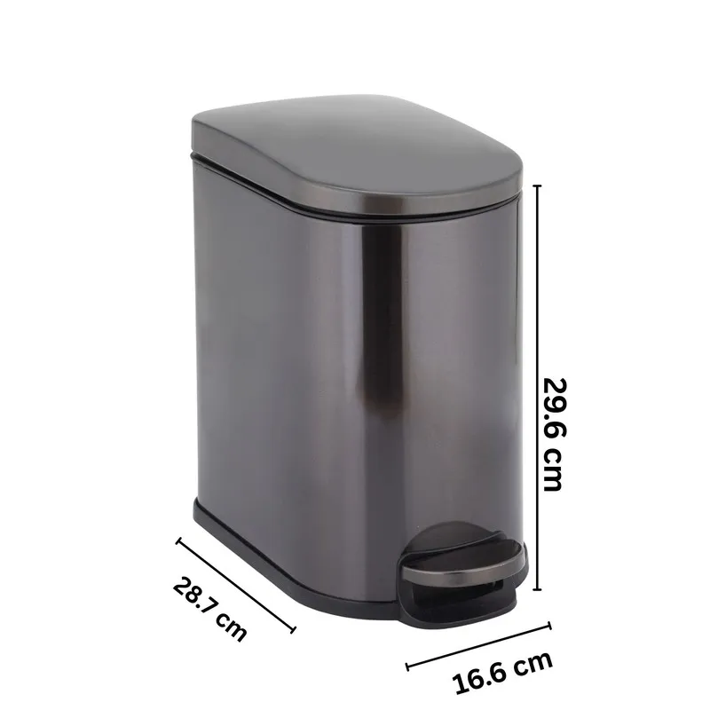 Black metal pedal dustbin with dimensions shown in the image