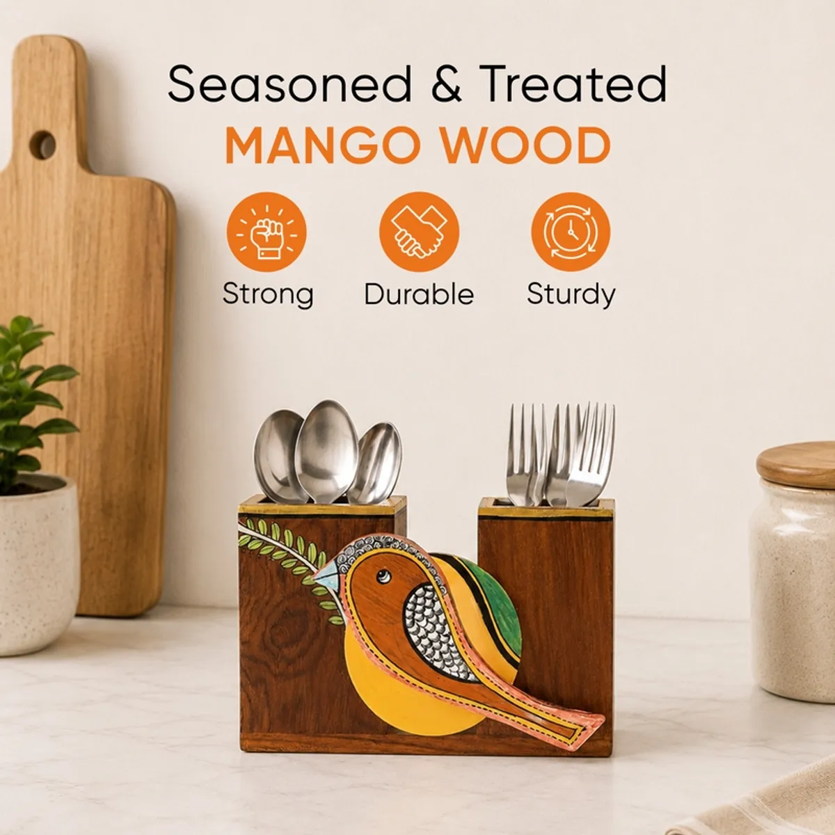 Brown wooden sparrow cutlery holder displayed on a kitchen countertop.