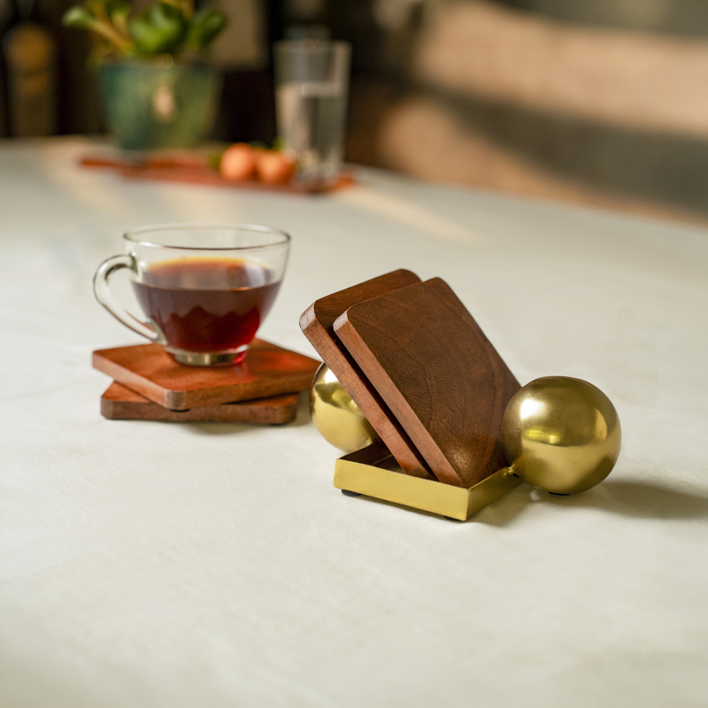 Heritage Slat Mango Wood & Steel Coaster Set - Brown,Gold