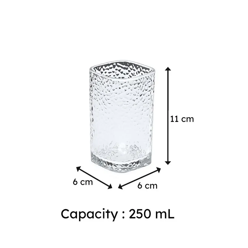 Clear textured drinking glass shown with 250 mL capacity graphic
