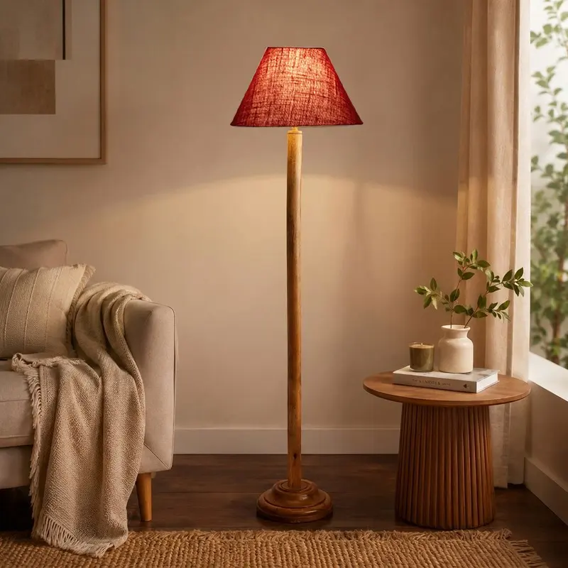 Burgundy Weave Jute Wooden Floor Lamp