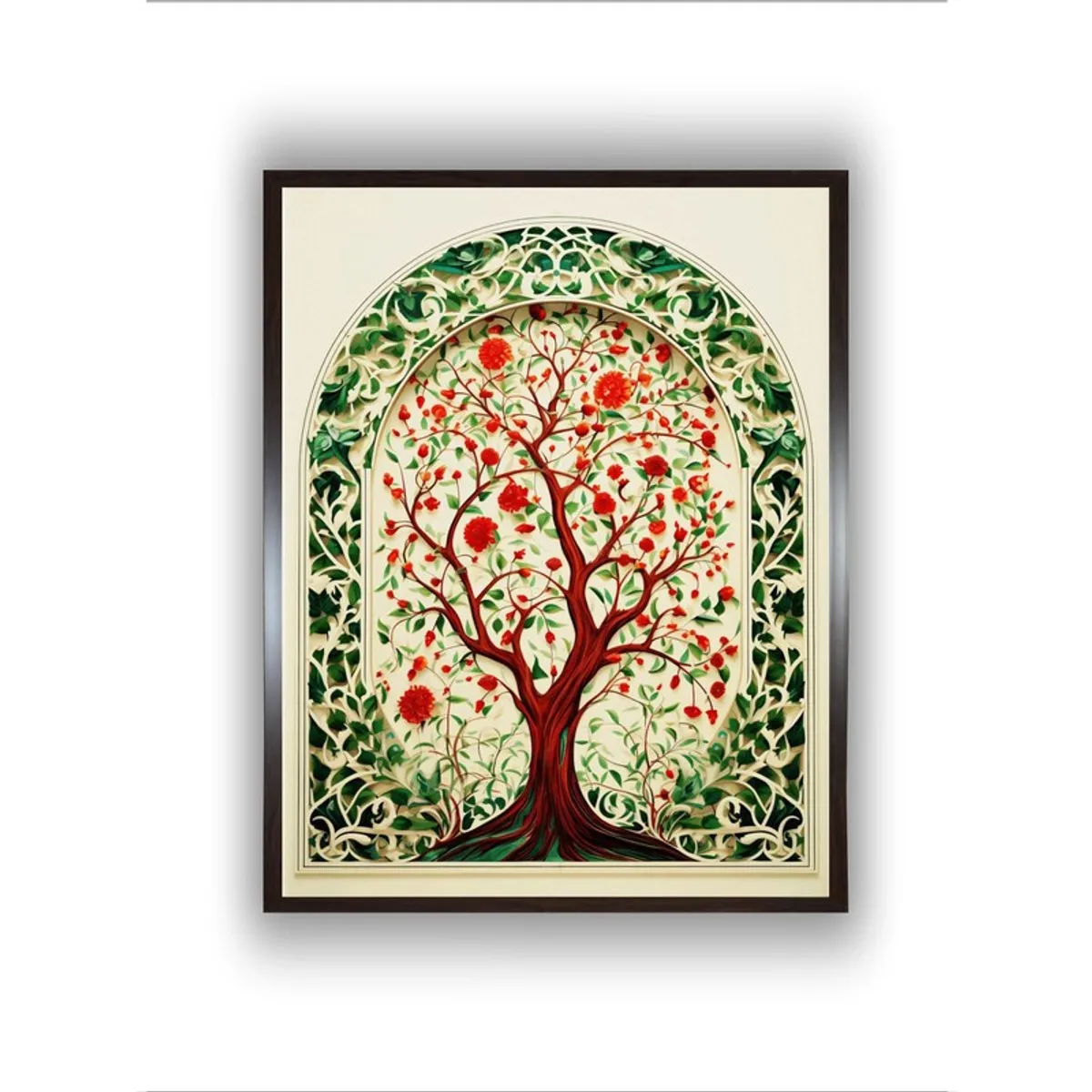 Front view of ornamental tree arch framed canvas wall painting